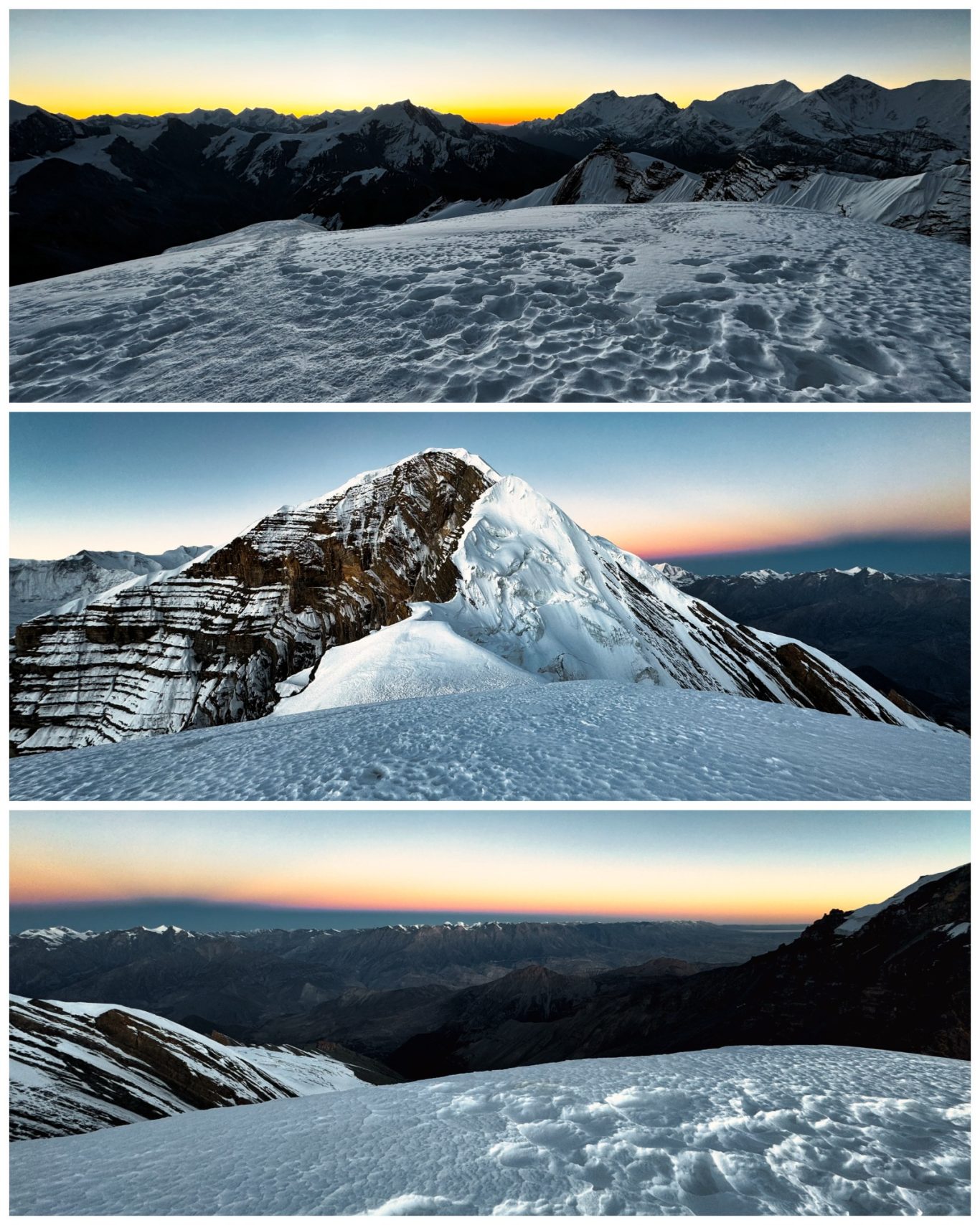 Thorong Peak Sonnenaufgang (6.144 m) Bergpanorama bei Sonnenaufgang mit schneebedeckten Gipfeln und Wolkenhorizont.